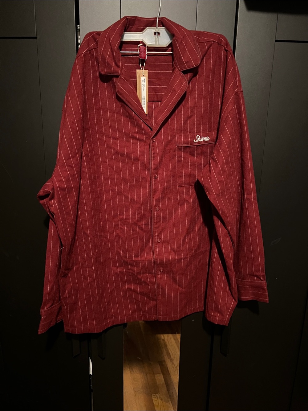 Skims Elevated Flannel Pinstripe Pajama Shirt in Merlot Size medium